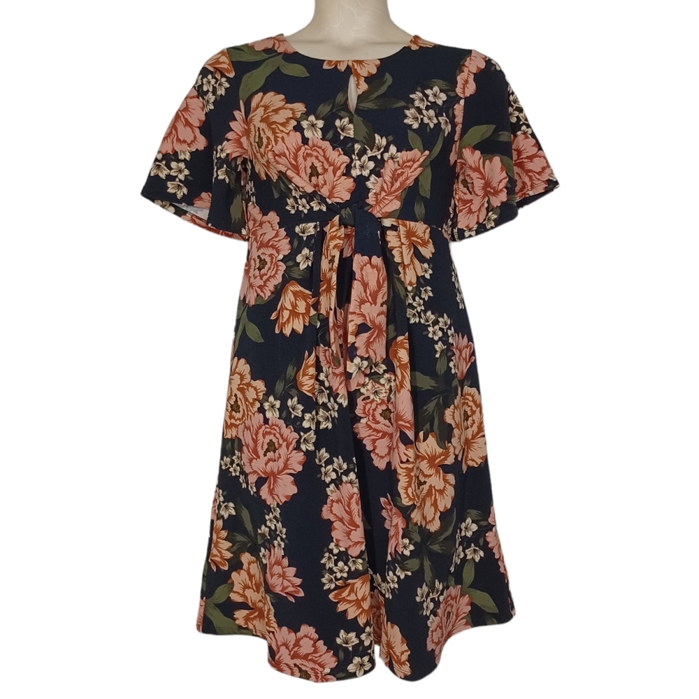 A:GLOW MATERNITY Navy Blue Pink Green Floral Print Tie Short Sleeve Midi Dress M